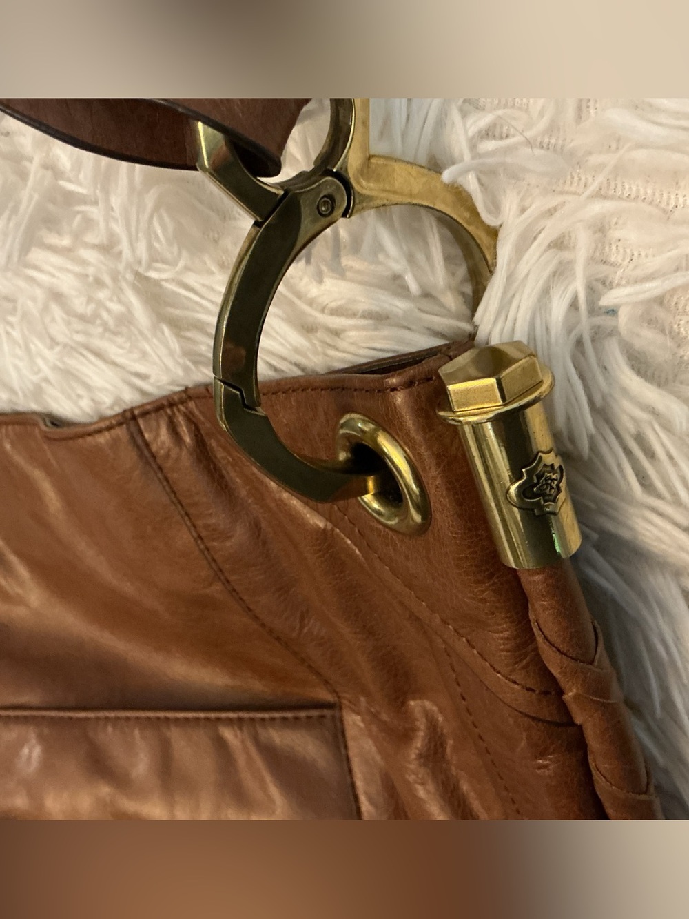 orYANY Brown Leather Large Shoulder Bag Gold Hardware Whipstitch Boho - Picture 9 of 12